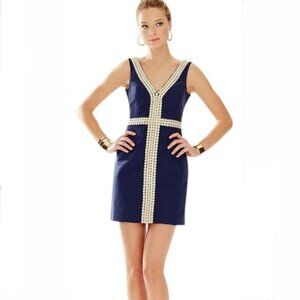 LILLY PULITZER BENTLEY SHIFT DRESS WOMEN 16 NAVY GOLD PREPPY